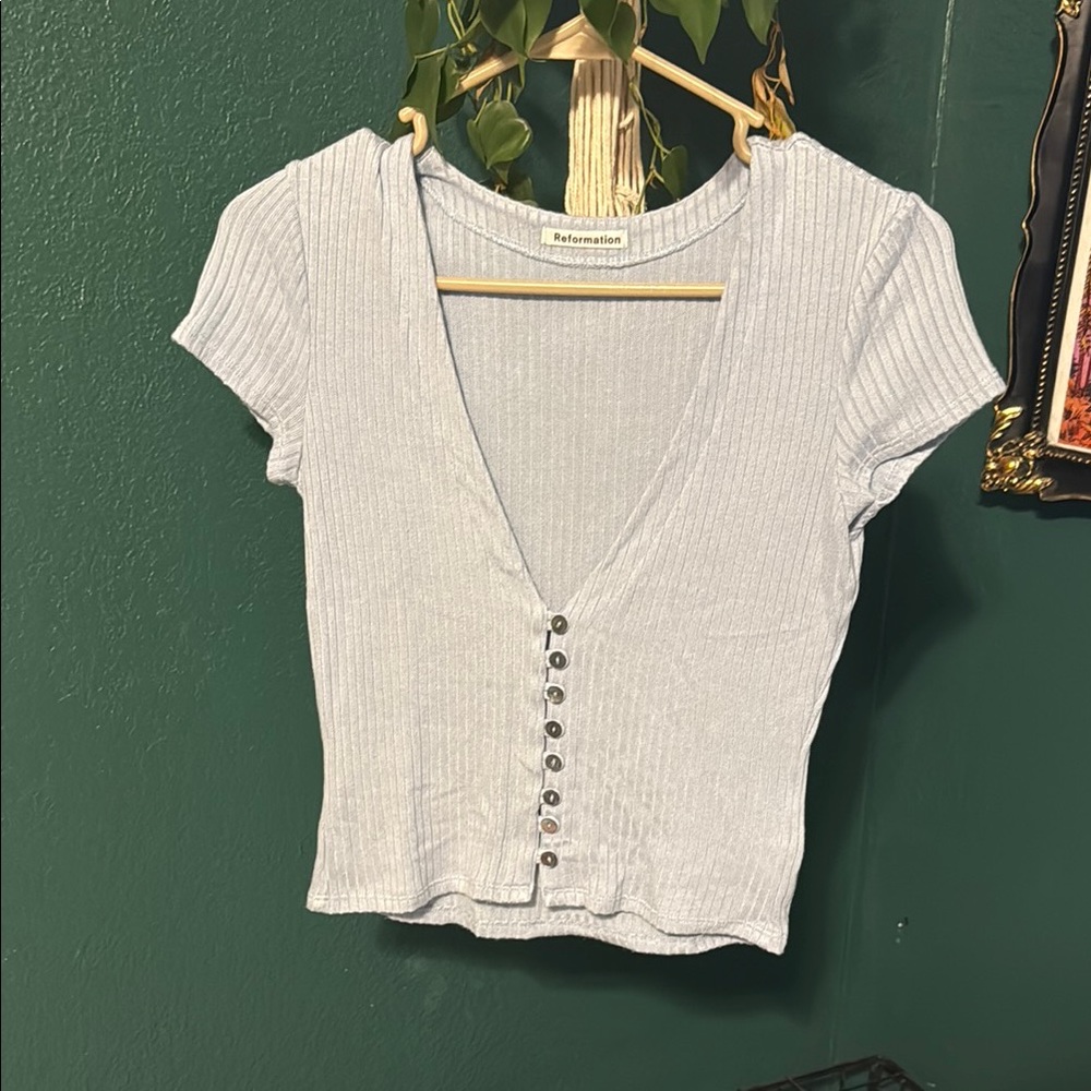 Reformation Light Blue Ribbed Button-Down Top
